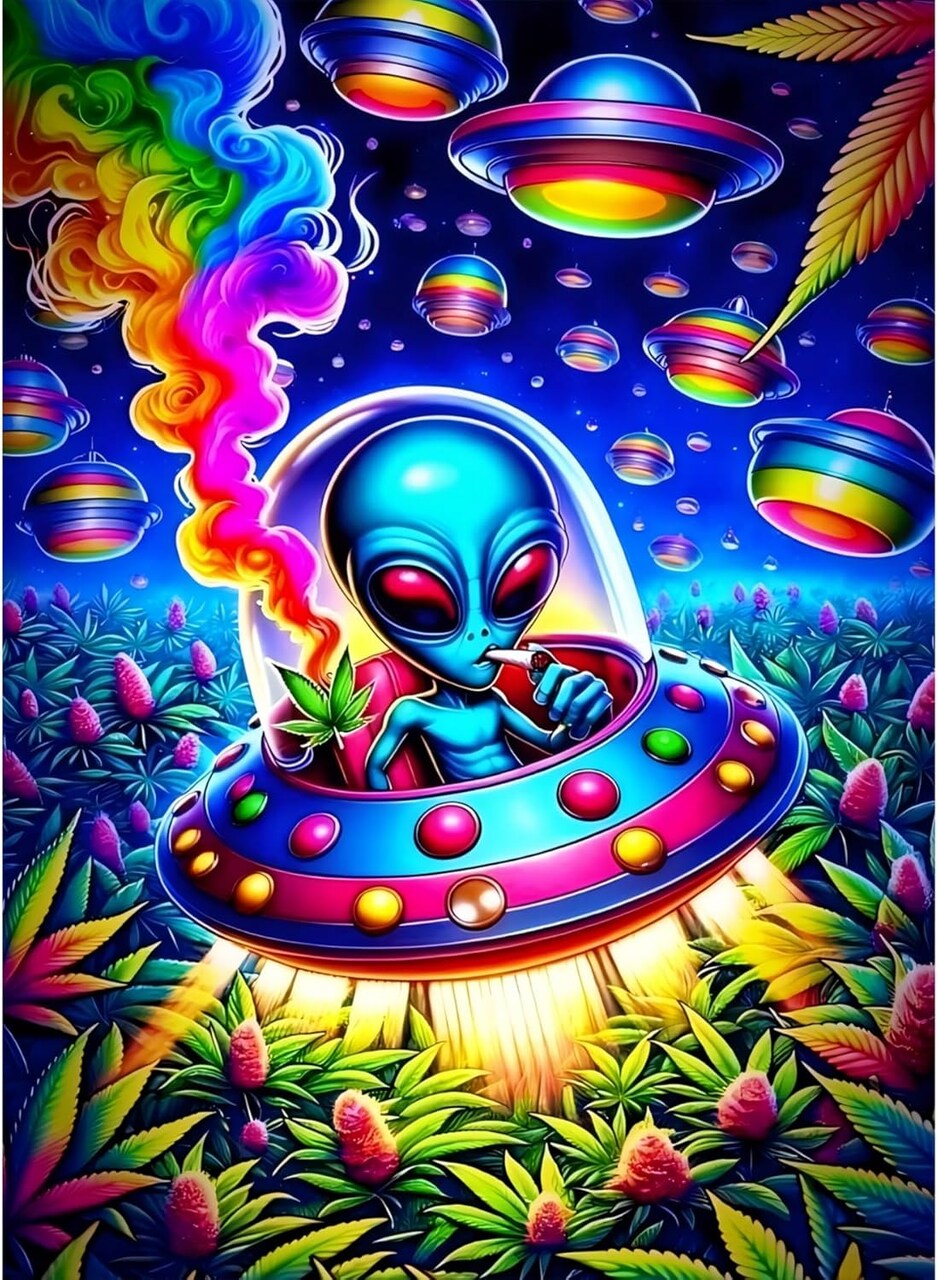 Hippie Hippy Alien Spaceship 5D Diamond Painting Kit, Round Full Drill DIY Diamond Art for Adults, Beginners, Home Decor, 12x16 Inch